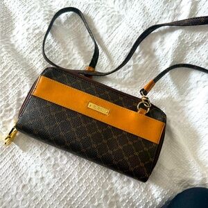 Rioni Brown Monogram Crossbody Clutch with Tan Accent